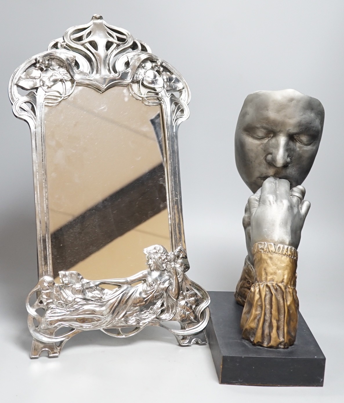 An Art Nouveau style easel mirror and a contemporary sculpture, mirrror 50cms high